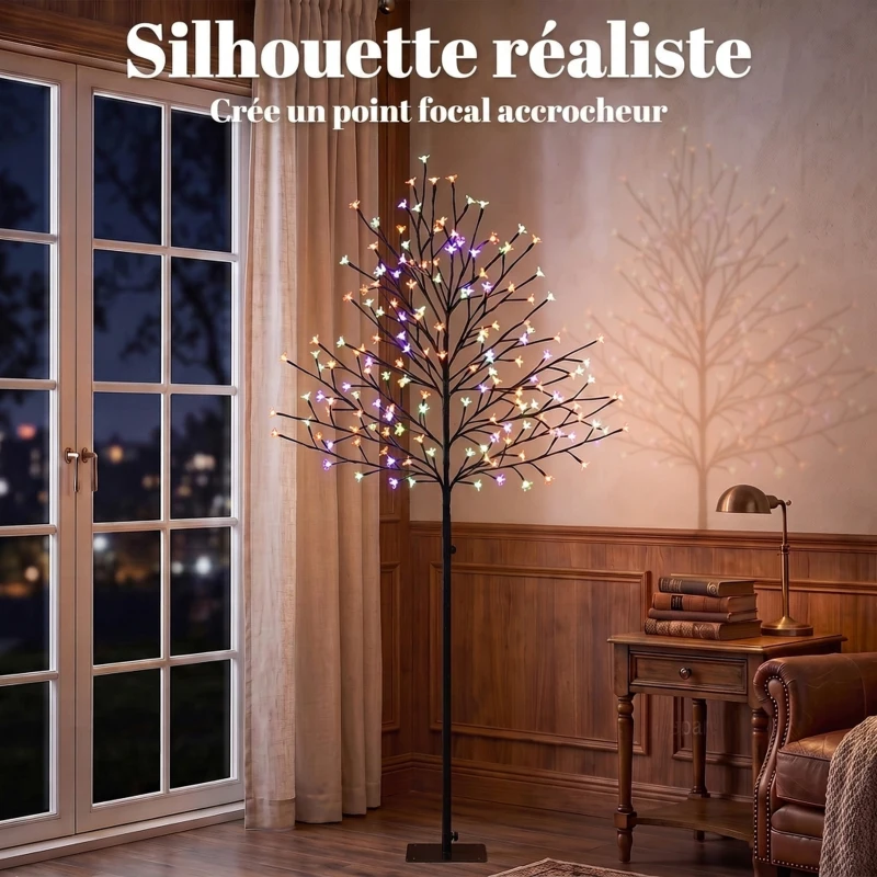 HOMCOM Arbre lumineux 150cm Cerisier Artificiel Lumineux  160 LED et 16 Branches Flexibles, Décoration Intérieure et Extérieure