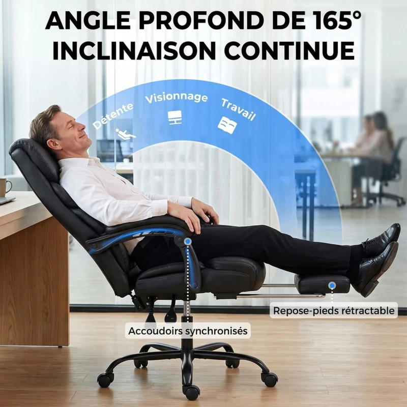 HOMCOM Chaise Bureau Ergonomique Inclinable, Fauteuil de Bureau en PU, Accoudoirs Synchronisés, Hauteur Réglable, Noir