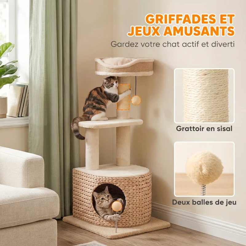 PawHut Arbre à Chat Design Moderne Style Tressé avec Griffoir 4 Niveaux Niche en Massette Perchoir en Jute 87 cm Beige