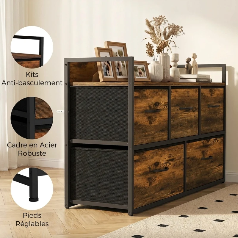HOMCOM Commode, meuble de rangement avec 5 tiroirs en tissu pliables, plateau et cadre en acier, 98 x 29 x 63 cm, brun rustique