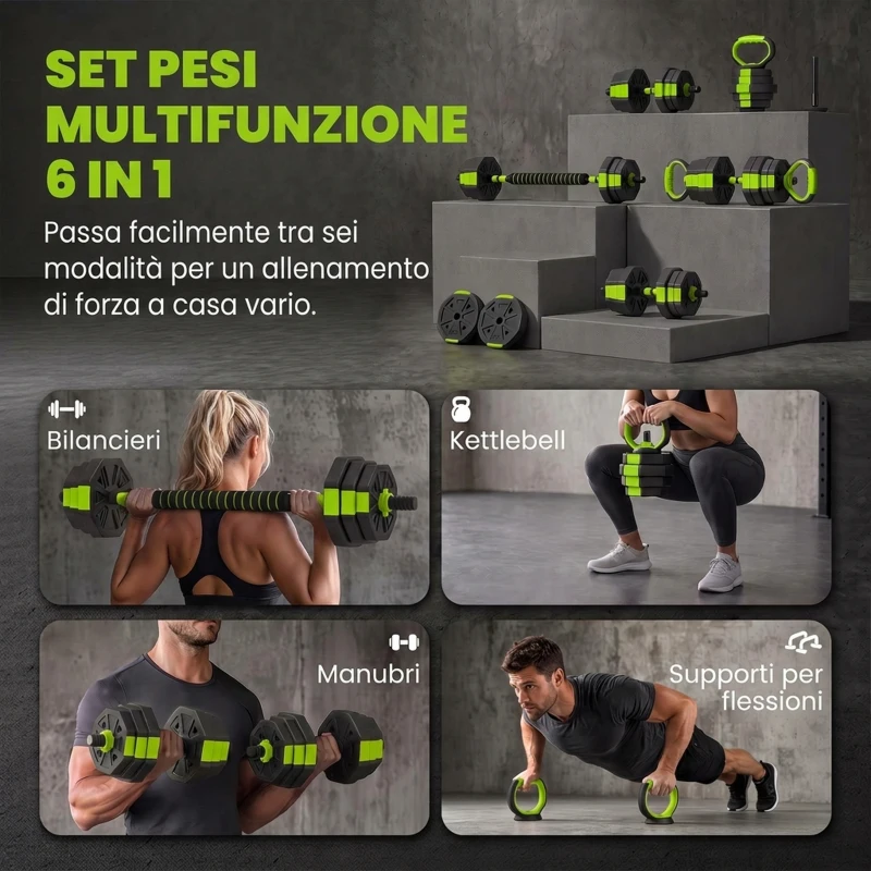 SPORTNOW Set Pesi Palestra 6 in 1 Multifunzione da 25kg Totali in Plastica e Sabbia, 125x18x18 cm, Verde