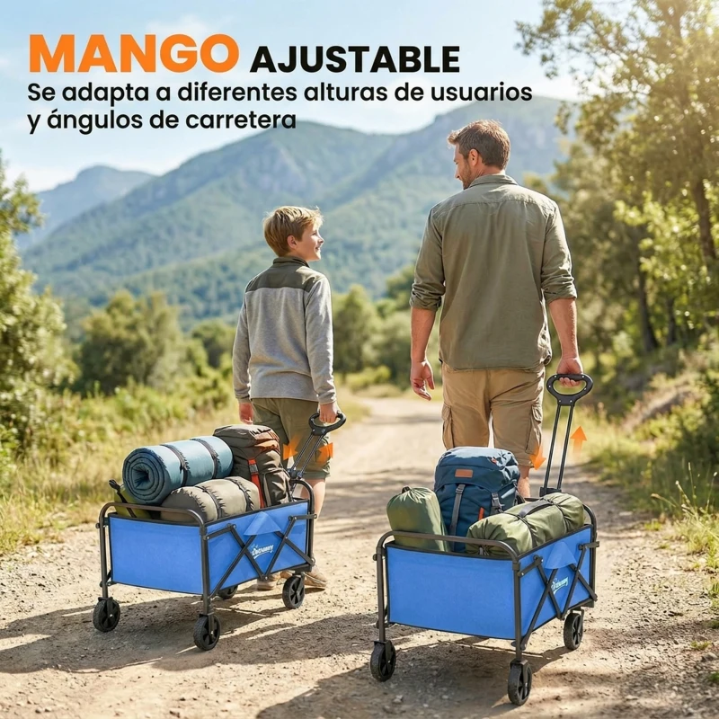 Outsunny Carro de Jardín Plegable con Ruedas Mango Ajustable Carga 68 kg para Campaña Compra 81x45x89 cm Azul