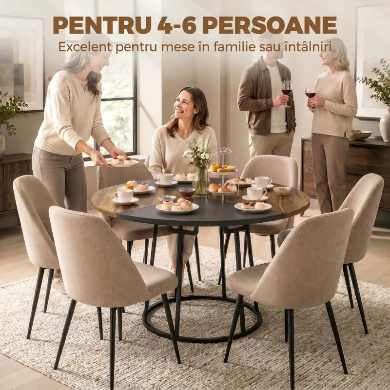 HOMCOM Masă de Dining Rotundă pentru 4-6 Persoane, Blat Bicolor MDF și Metal, 120x120x75 cm, Maro Rustic și Negru