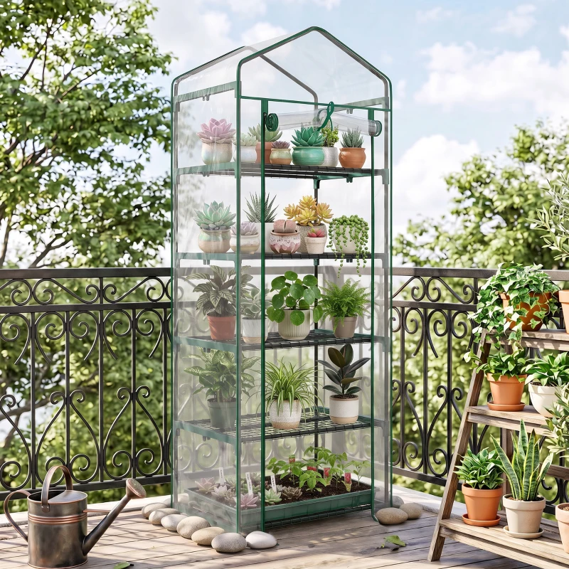 Outsunny Mini Serra da Giardino e Terrazza per Piante a 5 Ripiani in Acciaio con Copertura in PVC, 69x49x193 cm, Verde