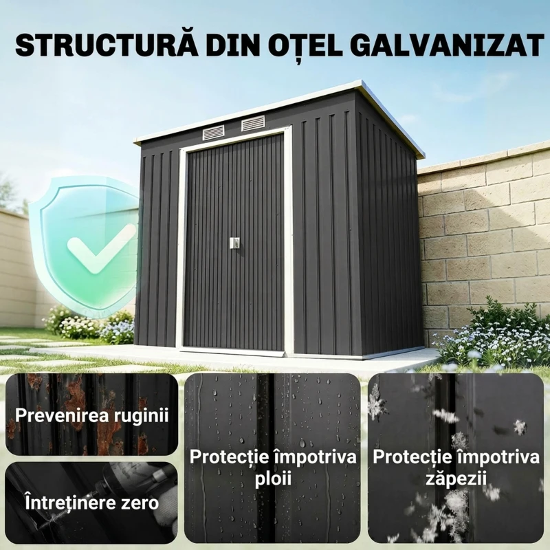 Outsunny Depozit pentru Unelte de Grădină din Metal cu Kit Fundație, Uși Duble, Ventilație și Acoperiș Înclinat, Gri
