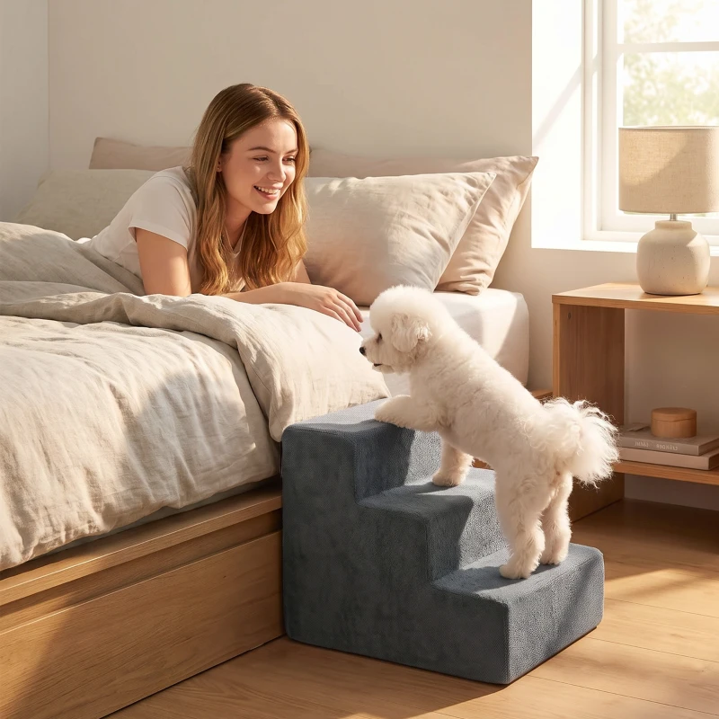 PawHut Hundetreppe 3-Stufig Abnehmbarer Bezug Für Kleine Hunde 35 cm Dunkelgrau
