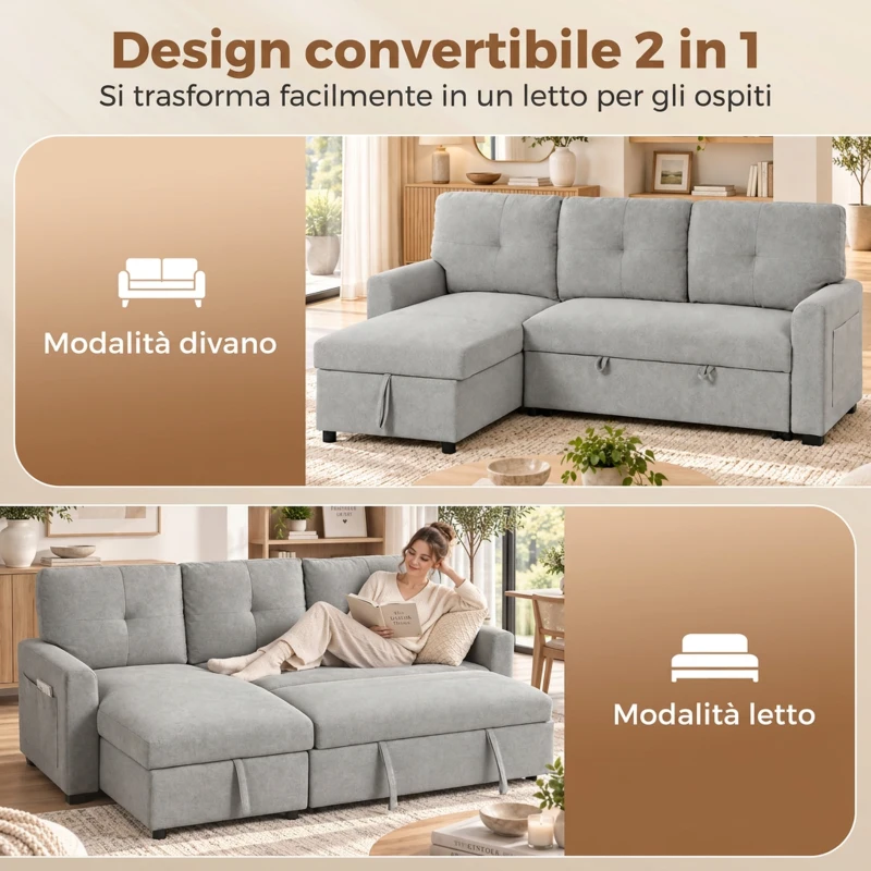HOMCOM Divano Letto 3 Posti Estraibile con Chaise Longue Contenitore e Cuscini in Tessuto, Grigio