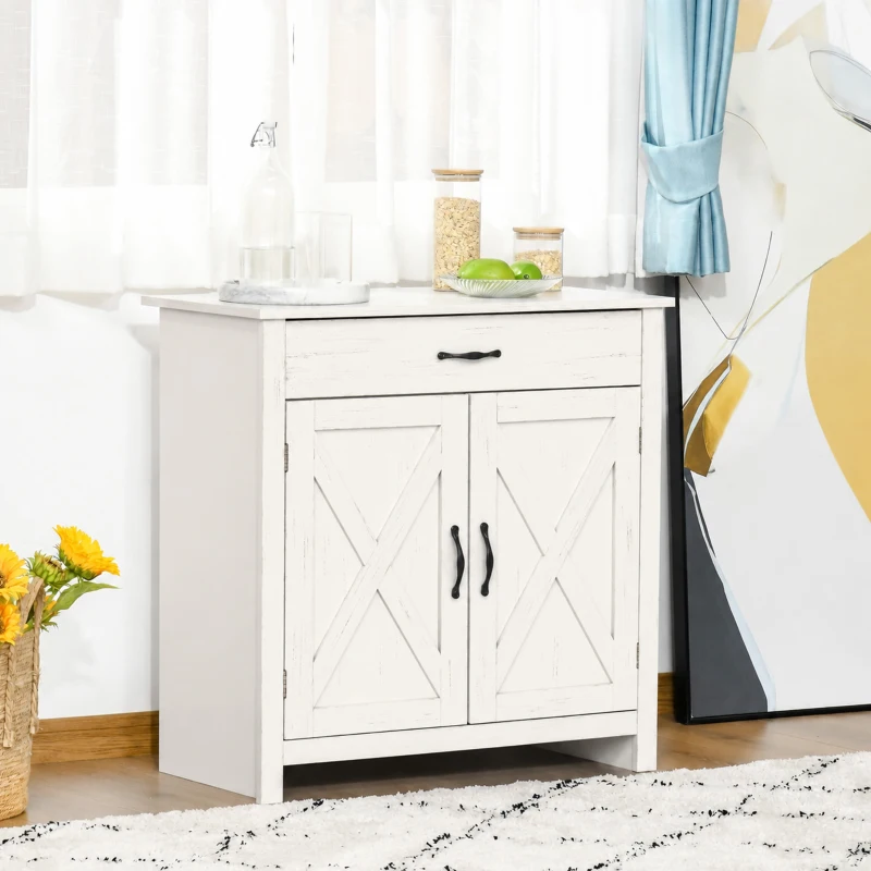 HOMCOM Buffet salon, meuble de rangement avec tiroir, 2 portes de grange et étagère réglable, 80 x 39,7 x 80 cm, blanc