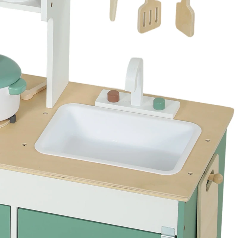 AIYAPLAY Cuisine Enfant en Bois 19 Accessoires, Cafetière, Machine à Glaçons, Micro-Ondes, Placard, 3-6 Ans, 61x27x79,7cm, Vert
