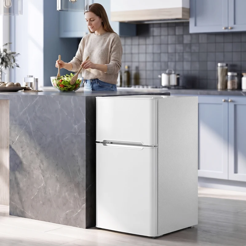 HOMCOM 2-deurs mini-koelkast met vriesvak, instelbare thermostaat, kleine drankkoelkast 90L, wit