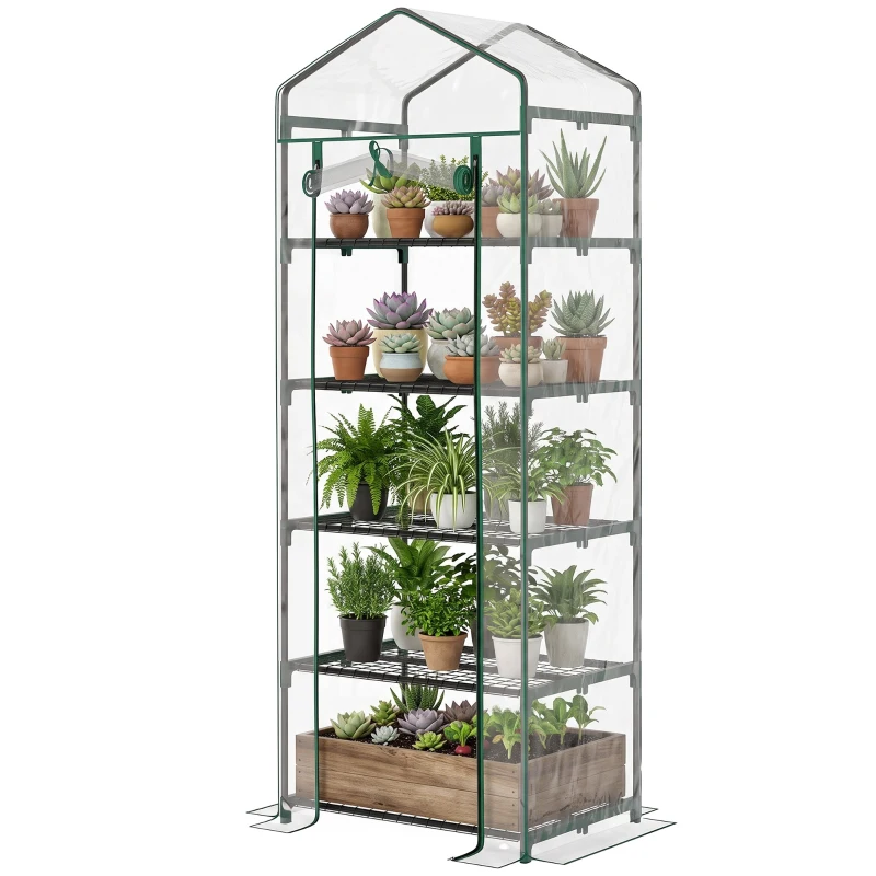 Outsunny Mini Serra da Giardino e Terrazza per Piante a 5 Ripiani in Acciaio con Copertura in PVC, 69x49x193 cm, Verde