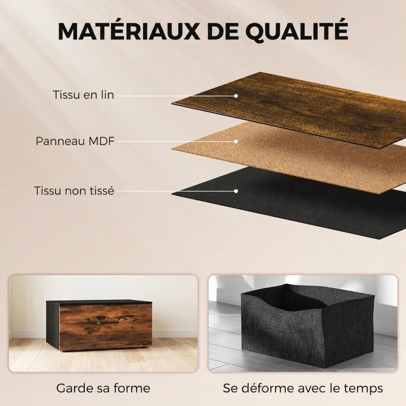 HOMCOM Commode, meuble de rangement avec 5 tiroirs en tissu pliables, plateau et cadre en acier, 98 x 29 x 63 cm, brun rustique