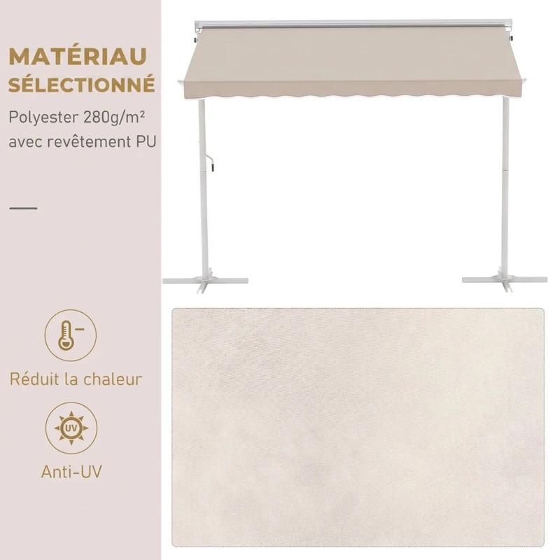 Outsunny Store Double Pente 3 x 3 m Manuel rétractable Inclinaison réglable Acier époxy Blanc Polyester imperméabilisé Anti-UV Beige