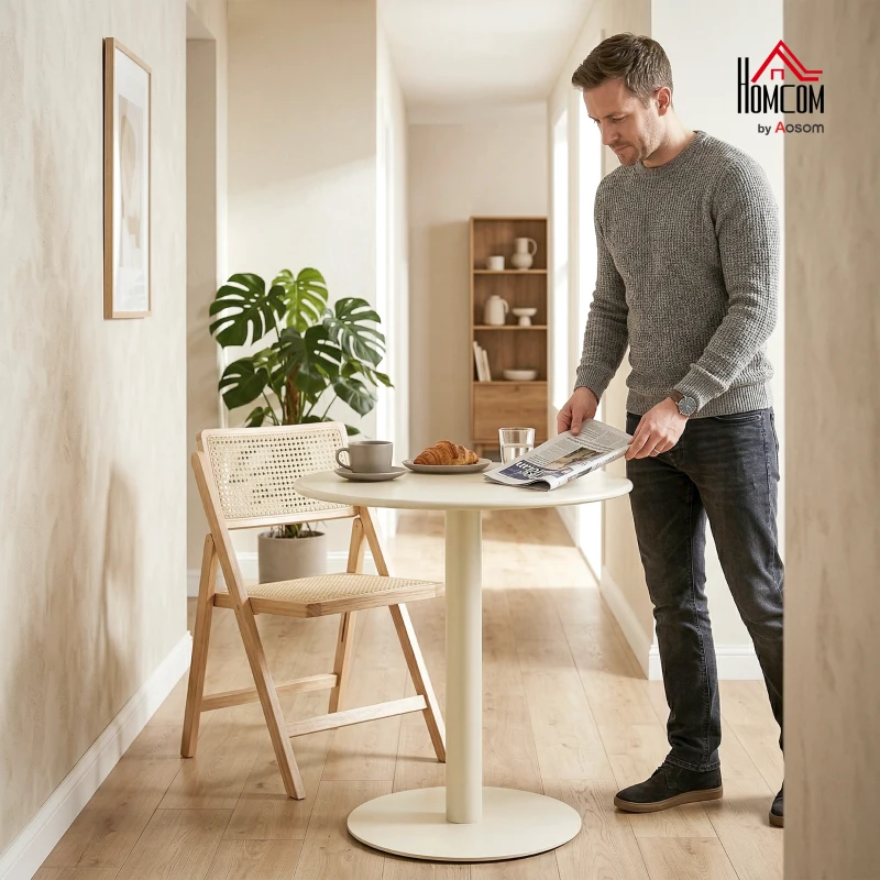 HOMCOM Runder Küchentisch für 2 Personen mit Stahlgestell, platzsparend, 60 x 60 x 72 cm, Beige