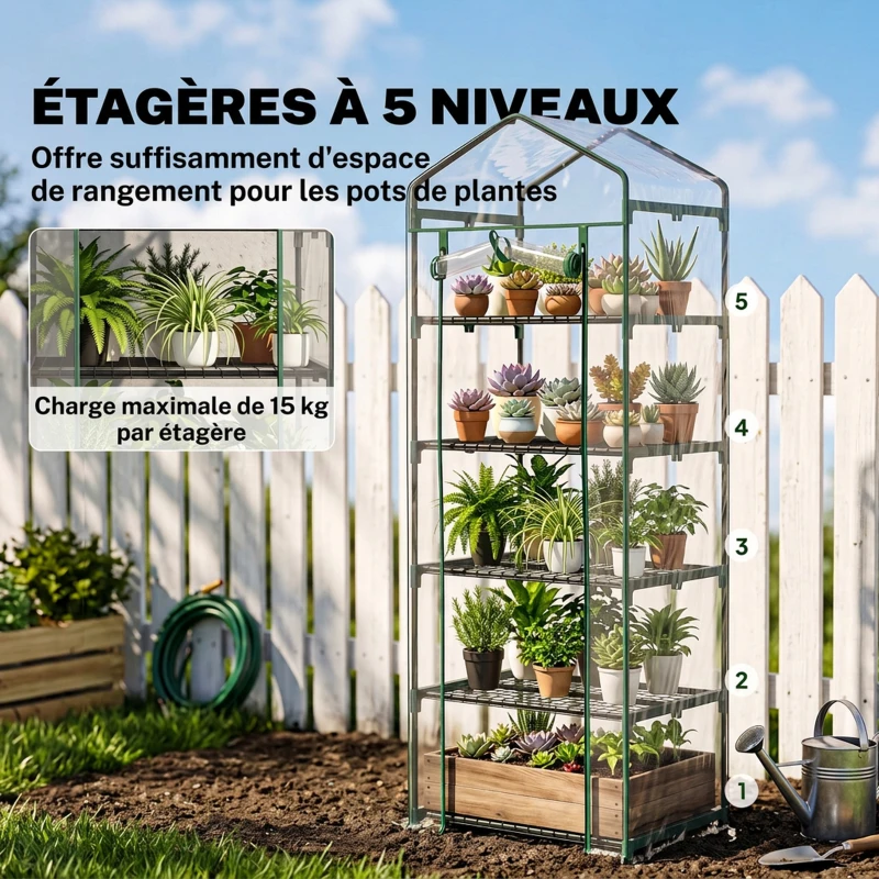 Outsunny Serre de jardin PVC avec étagères 5 niveaux, serre de balcon, bâche renforcée 135 g/m², châssis en acier, porte zippée enroulable, pour légumes plantes fleurs, 69 x 49 x 193 cm, transparent