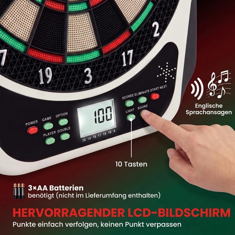 HOMCOM Elektronische Dartscheibe Dartboard mit Englische Sprachansagen LED-Anzeigen 6 Darts 24 Dartköpfe 18 Spiele 159 Varianten Dartautomat Dartscheibe Set für bis zu 8 Spieler