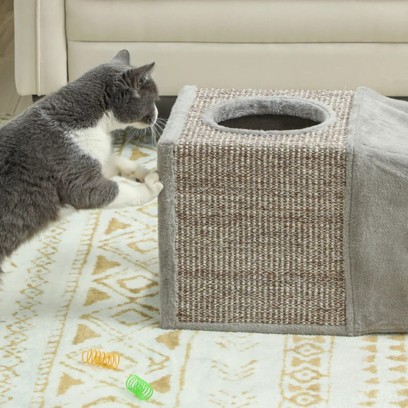 PawHut Túnel para Gatos de Interior Encajable con Múltiples Entradas Casetas de Sisal y Bola Colgante 98x30x30 cm Gris