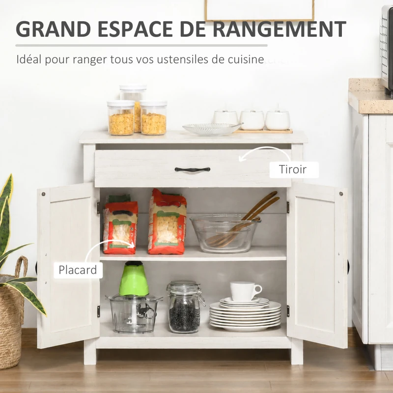 HOMCOM Buffet salon, meuble de rangement avec tiroir, 2 portes de grange et étagère réglable, 80 x 39,7 x 80 cm, blanc