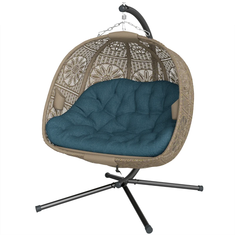 Outsunny Hängesessel mit Gestell, Eiförmiger Hängeschaukel mit abnehmbarem waschbarem Kissen, Hängematte für 2 Personen, Schaukelsessel Indoor Outdoor, Sand+Schwarz