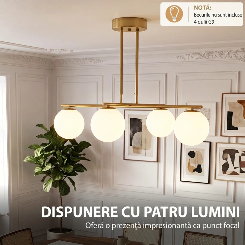HOMCOM Lampă suspendată cu 4 globuri, înălțime reglabilă, rotire 350°, modernă, din oțel, auriu