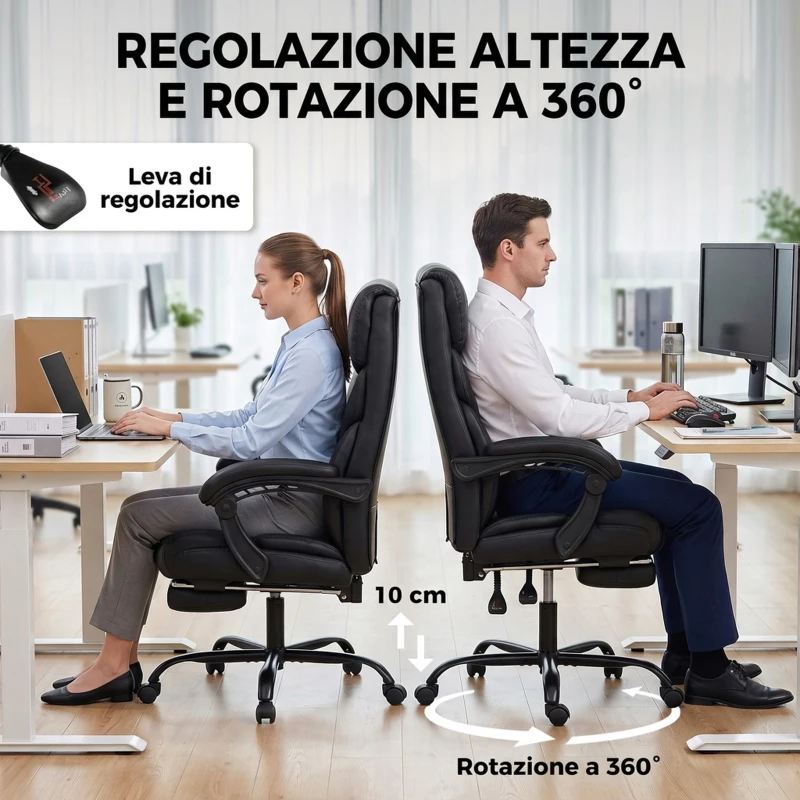 HOMCOM Sedia Ufficio Ergonomica Girevole Reclinabile 165° in Pelle PU, Poggiapiedi, Altezza Regolabile, Nero