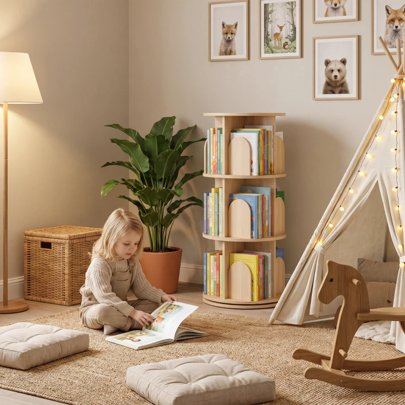 AIYAPLAY 3-Tier Rotating Bookcase, Round Kids Bookshelf Floor Standing 360° Rotating for Bedroom, Kids Room and Playroom, Natural