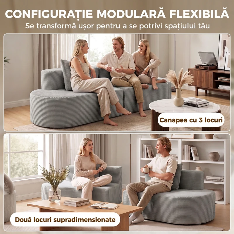 HOMCOM Canapea modulară 3 locuri, cu șezut lat și adânc, arcuri împachetate individual, catifea reiata, gri deschis
