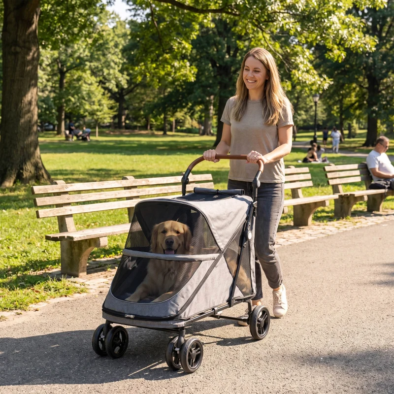 PawHut Carrito para Perros Plegable con un Botón hasta 30 kg con Suspensión en 4 Ruedas Giratorio y Freno de Pie Gris