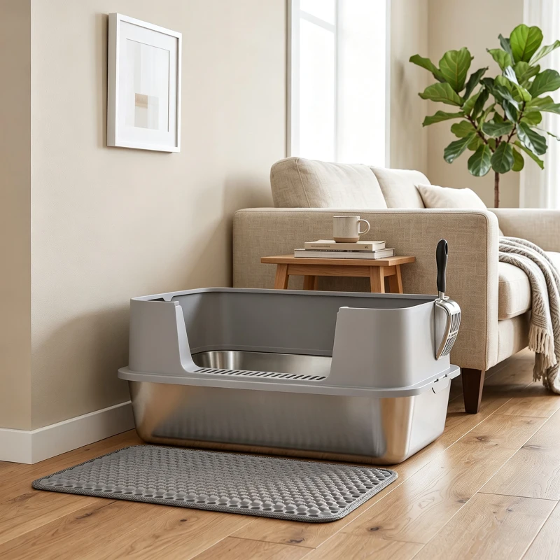 PawHut Bac à litière XL en acier inoxydable, maison de toilette pour grand chat, nettoyage facile 60,2 x 40,2 x 29,5 cm, gris