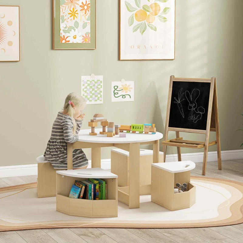 AIYAPLAY Five-Piece Kids Table and Chairs Set with Storage, for Ages 3-8 Years, White