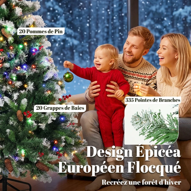 HOMCOM Sapin de Noël Artificiel Lumineux et Enneigé 120cm, Arbre de Noël, Télécommande, 11 Modes d'Éclairage, 150 LED, Vert