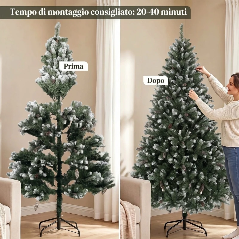 HOMCOM Albero di Natale Innevato 180 cm con 802 Rami, 59 Pigne, Effetto Realistico, Base Pieghevole in Metallo