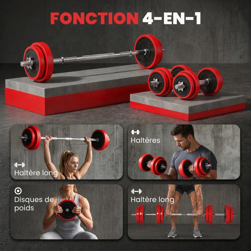 HOMCOM Haltères de 20 kg ensemble d'haltères musculation réglable avec barre d'extension pour entraînement musculaire et haltérophilie