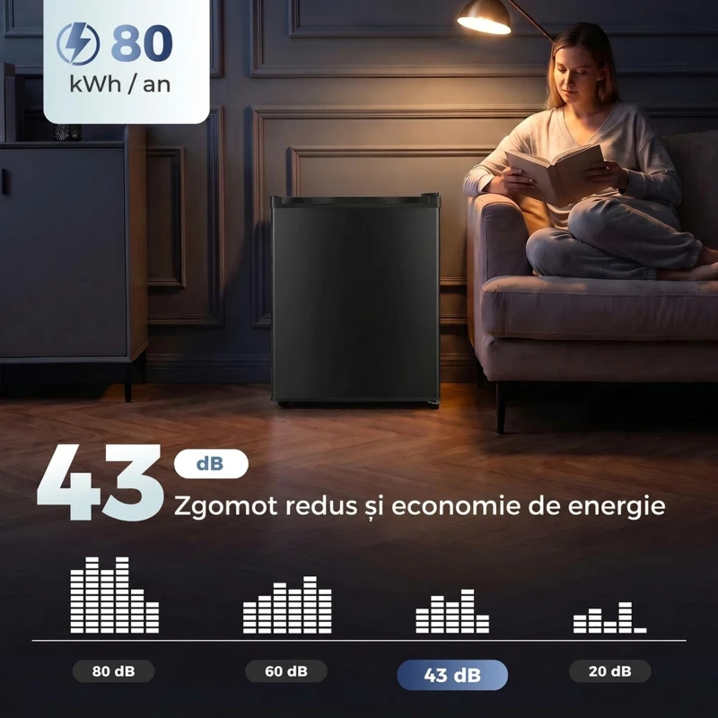 HOMCOM Frigider mic 72,5 L cu congelator, termostat reglabil, ușă reversibilă, 43 dB, negru