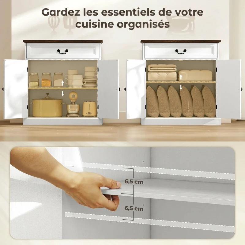 HOMCOM Buffet salon, meuble de rangement avec 2 portes, tiroir silencieux, étagère réglable, 80x40x85cm, blanc et marron