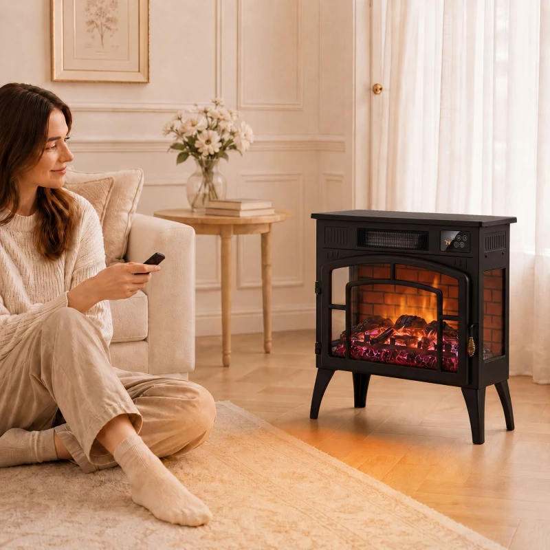 HOMCOM Smart Electric Fireplace Stove Log Burner, 3-Sided Glass WiFi Electric Fire Heater w/ 5-Colour Flame, Black