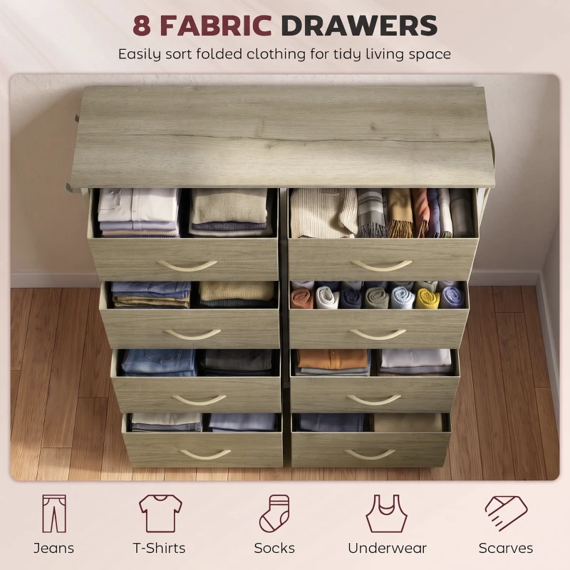 HOMCOM Chest of Drawers, Dresser for Bedroom with 8 Fabric Drawers, Tall Storage Unit w/ Side Storage Bag, Natural Wood Finish