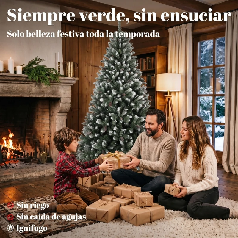 HOMCOM Árbol de Navidad Artificial 180 cm con 802 Puntas Efecto Nevado 59 Piñas y Base Metálica Plegable Verde y Blanco