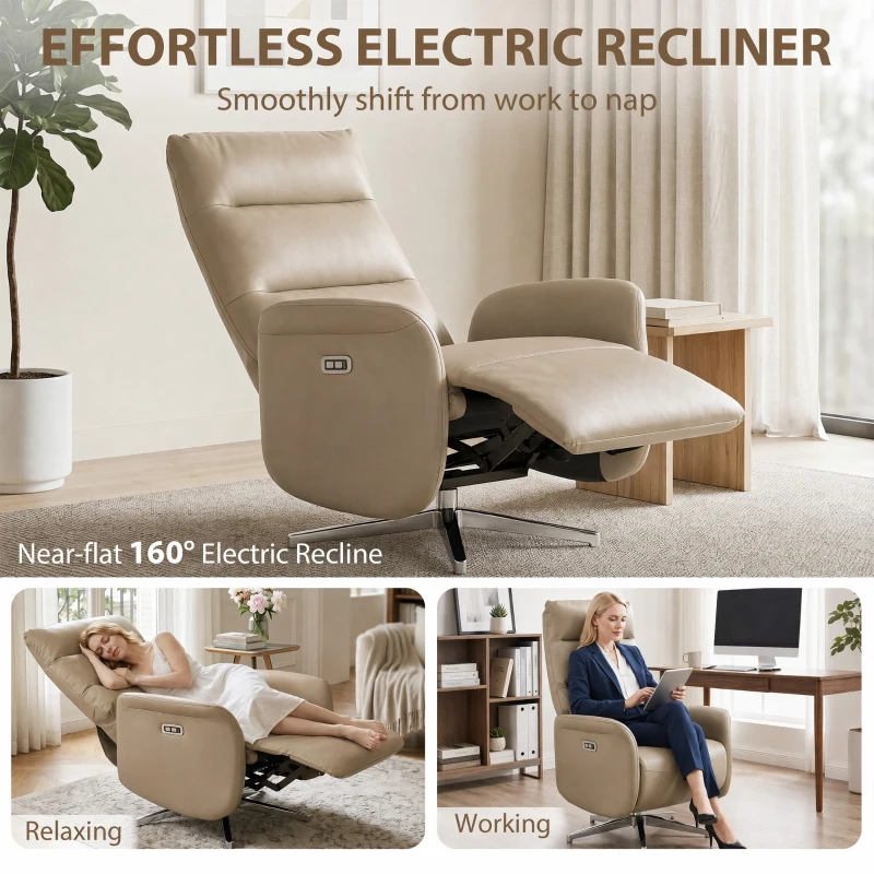HOMCOM Power Recliner Chair, Swivel Electric Reclining Chair with Type C+USB, Recliner Armchair with Footrest, Brown