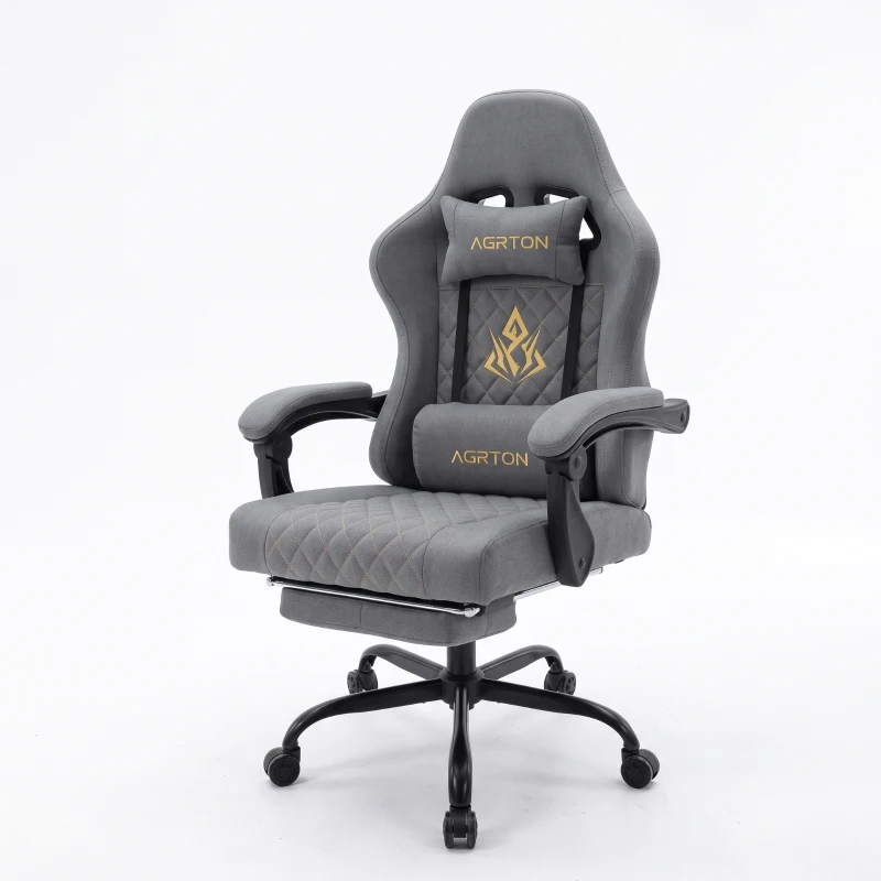 Fauteuil gaming avec repose-pieds, coussin appui-tête et lombaire moelleux, coussin de soutien amovible, 60x60x122 cm, Gris