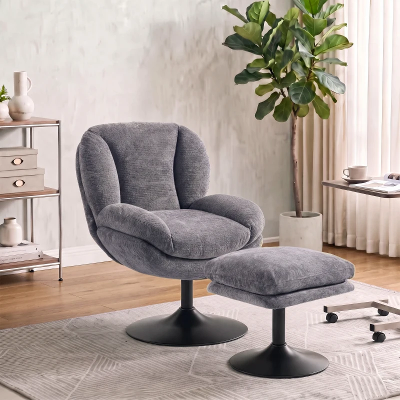 HOMCOM Modern Chenille Lazy Chair with Ottoman, 360° Swivel, Upholstered Reading Seat Set for Living Room, Dark Grey