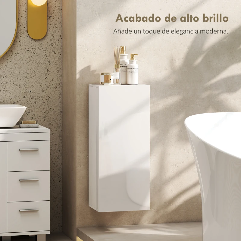 HOMCOM Armario de Baño de Pared Moderno con Puerta Alto Brillo Estantes Ajustables de Vidrio Templado 30x23,4x71,2 cm Blanco