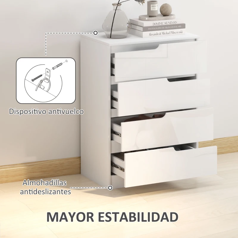 HOMCOM Cómoda con 4 Cajones Cómoda de Dormitorio Moderno con Anti-vuelco Cajonera para Salón Pasillo 60x40x85 cm Blanco