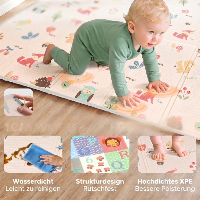 AIYAPLAY Spielmatte Baby Faltbar Kinder 176,5 x 148 cm Doppelseitige Krabbelmatte mit Alphabet- und Tiermotiv-Muster
