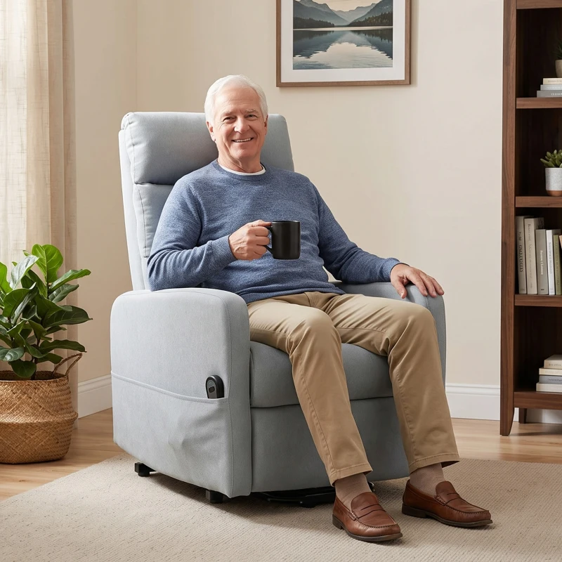HOMCOM Elektrischer Relaxsessel mit Aufstehhilfe, Fernbedienung, weicher Schaumstoff, Seitentasche, Bezug in Leinenoptik, Grau