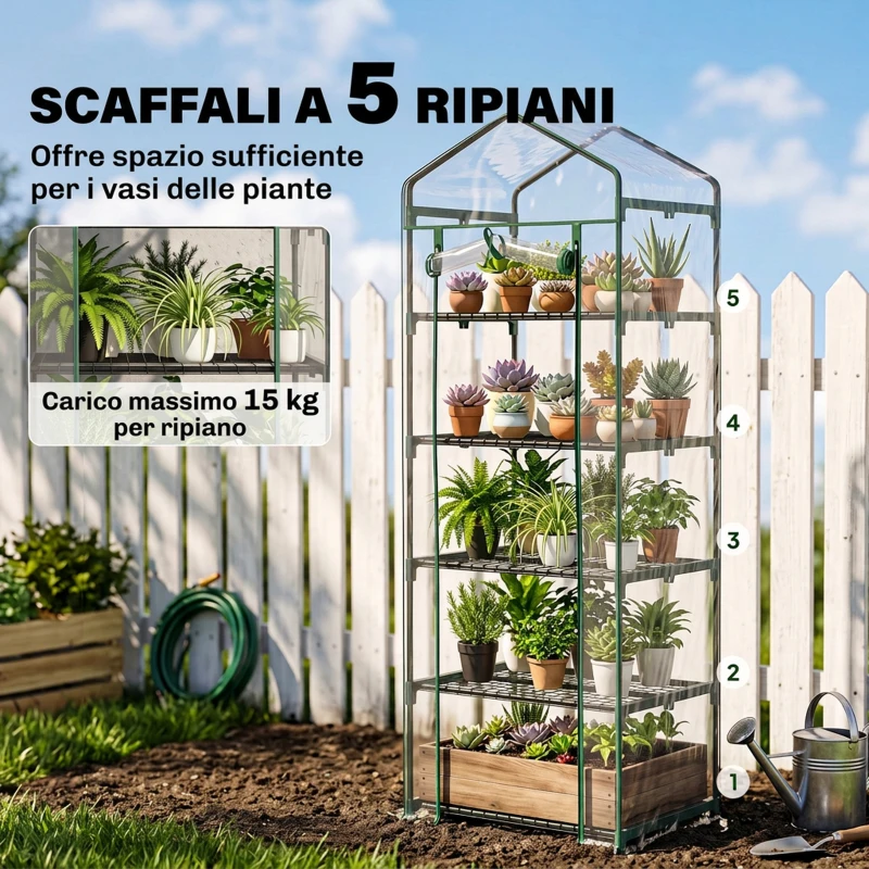 Outsunny Mini Serra da Giardino e Terrazza per Piante a 5 Ripiani in Acciaio con Copertura in PVC, 69x49x193 cm, Verde