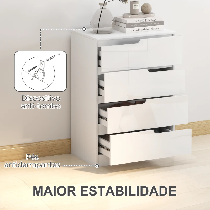 HOMCOM Cómoda com 4 Gavetas Cómoda de Dormitório Moderna com Sistema Anti-Tombo 60x40x85 cm Branco