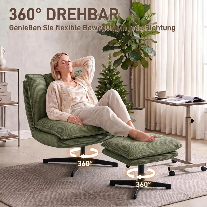 HOMCOM Loungesessel mit Hocker, 360° drehbar, Cordbezug, höhenverstellbare Fußstütze, Grün