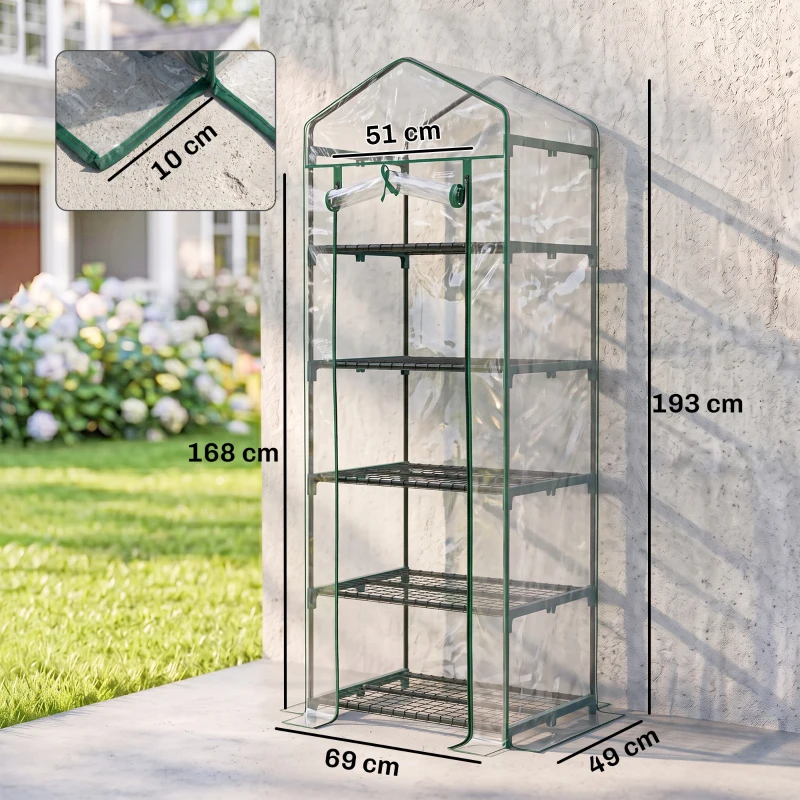 Outsunny Mini Serra da Giardino e Terrazza per Piante a 5 Ripiani in Acciaio con Copertura in PVC, 69x49x193 cm, Verde
