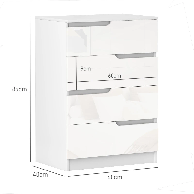 HOMCOM Cómoda con 4 Cajones Cómoda de Dormitorio Moderno con Anti-vuelco Cajonera para Salón Pasillo 60x40x85 cm Blanco